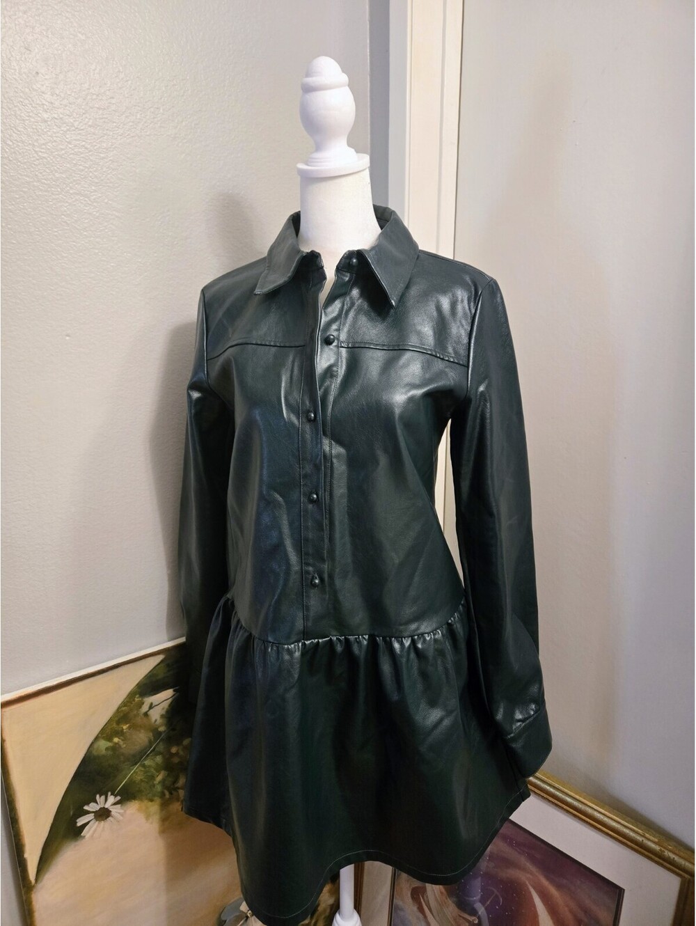 Moodie Green Faux Leather Long Sleeve Collar Mini Dress With Button Front Size S